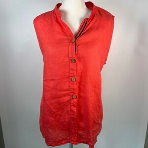 Pronto‎ Moda Rose Style Coral Red 100% Linen Sleeveless Button Down Shirt Italy